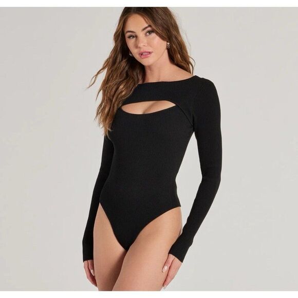 Windsor Casual Vibes Ribbed Knit Cutout Bodysuit Solid Black Long Sleeve Large - Picture 1 of 8